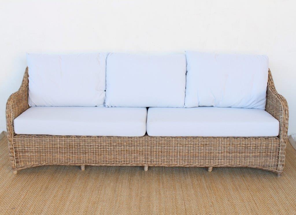 3.5 SEATER OUTDOOR CANE COUCH OFF-WHITE CUSHIONS  86X224X86CM